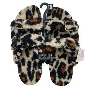 Leopard Print Faux Fur Slipper Luxe Two Band Step-in Sandal Shoe Size 10